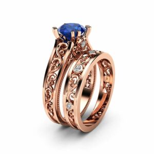 Natural Sapphire Bridal Ring Set Unique 14K Rose Gold Ring Set Art Deco 1.5 Carat Sapphire Bridal Ring Set