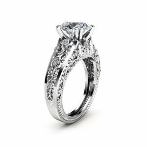 Unique Moissanite Engagement Ring 14K White Ring Vintage Engagement Ring
