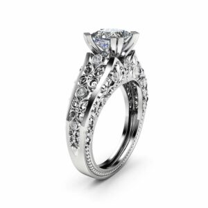 Princess Cut Moissanite Engagement Ring Unique 14K White Gold Ring Unique Filigree Design Art Deco Ring