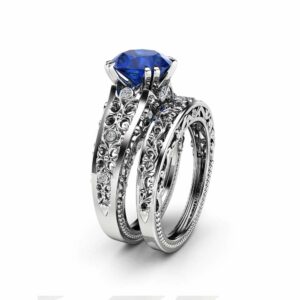 Sapphire Engagement Wedding Ring Set 14K White Gold Rings Natural Diamonds Matching Rings