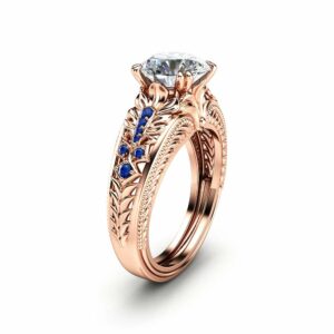Unique Moissanite Engagement Ring with Sapphires 14K Rose Gold Moissanite Ring Vintage Design Engagement Ring