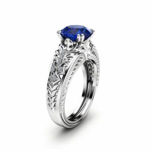 2 Carat Blue Sapphire Engagement Ring 14K White Gold Ring Unique Art Deco Sapphire Engagement Ring