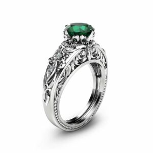 Emerald Vintage Engagement Ring Natural Emerald Custom Ring 14K White Gold Vintage Engagement Ring