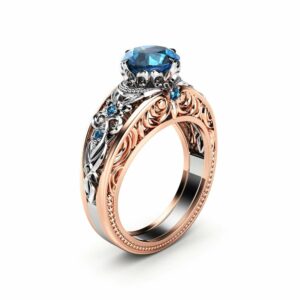 Blue Diamond Engagement Ring Unique Two Tone Gold Ring Vintage Engagement Ring