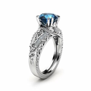 London Blue Topaz Engagement Ring 14K White Gold 2 Carat Topaz Ring Vintage Engagement Ring