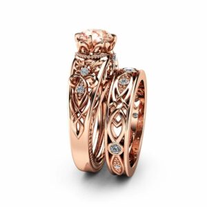 Morganite Victorian Engagement Ring Set 14K Rose Gold Victorian Ring Morganite Engagement Matching Rings