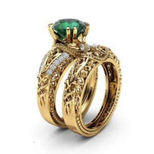 Art deco Emerald Engagement Ring Set 14K Yellow Gold Rings 2 Carat Emerald Bridal Set Filigree Engagement Rings