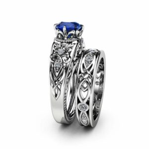Sapphire Victorian Engagement Ring Set 14K White Gold Victorian Ring Sapphire Engagement Matching Rings
