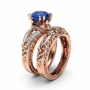 Natural Sapphire Engagement Rings Unique 14K Rose Gold Ring Set Art Deco 2 Carat Sapphire Bridal Set