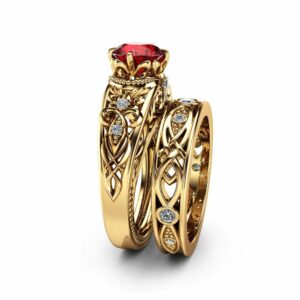 Ruby Victorian Engagement Ring Set 14K Yellow Gold Victorian Ring Ruby Engagement Matching Rings