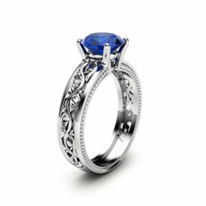 1.5ct Blue Sapphire Engagement Ring Unique Filigree Engagement Ring 14K White Gold Natural Sapphire Ring