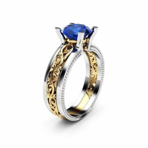 1.5 carat Blue Sapphire Engagement Ring Gemstone Engagement Ring 14K Two Tone Gold Sapphire Ring