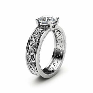 Solitaire Moissanite Engagement Ring Solid 14K White Gold Engagement Ring Filigree 1ct Moissanite Ring