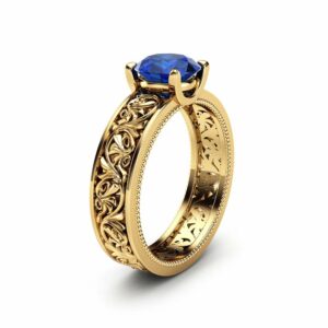 Solitaire Natural Sapphire Engagement Ring 14K Yellow Gold Sapphire Ring Filigree Engagement Ring