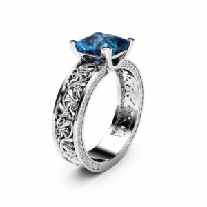 Princess Cut Topaz Engagement Ring Diamonds Topaz Filigree Ring 14K White Gold Engagement Ring