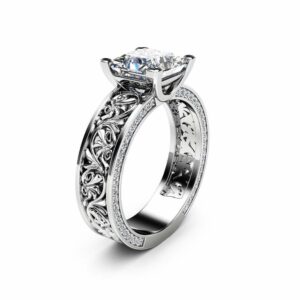 Princess Cut Moissanite Engagement Ring Diamonds Moissanite Filigree Ring 14K White Gold Engagement Ring
