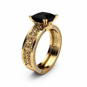 Princess Black Diamond Engagement Ring Square Black Diamond 14K Yellow Gold Engagement Ring