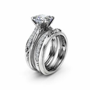 Victorian Princess Cut Moissanite Bridal Set Unique 14K White Gold Wedding Rings