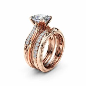 Victorian Princess Cut Moissanite Bridal Set Unique 14K Rose Gold Wedding Rings