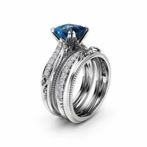 Princess Cut Blue Topaz Bridal Set 14K White Gold Wedding Ring Set Natural Diamonds Matching Rings
