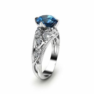 London Blue Topaz Engagement Ring 14K White Gold Alternative Ring Unique 2 Carat Topaz Ring Filigree Engagement Ring