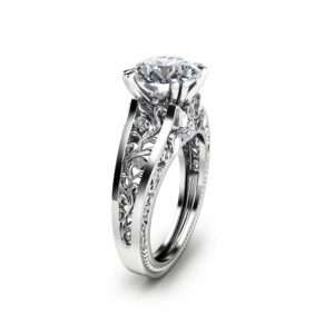 Filigree Design Moissanite Engagement Ring Unique 2 Carat Moissanite Ring Solid 14K White Gold Ring Art  Deco Engagement Ring