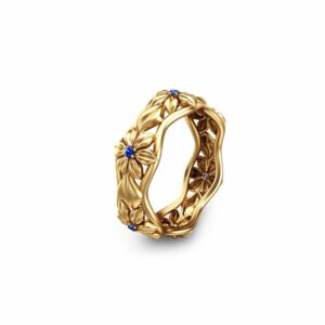 Blue Sapphire Eternity Wedding Band 14K Yellow Gold Flower Ring