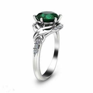 Natural Emerald Wedding Engagement Ring 14K White Gold Engagement Ring Unique 2 Carat Emerald Ring