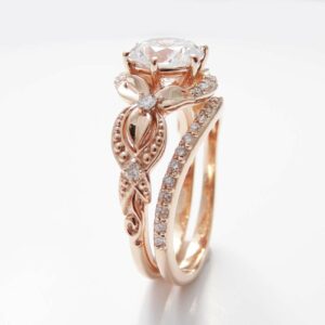 Unique Moissanite Engagement Ring Set 14K Rose Gold Engagement Rings Vintage Floral Moissanite Rings