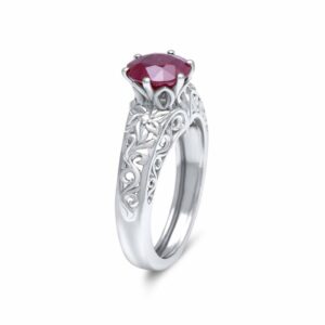 1 Carat Ruby Engagement Ring Wedding Gemstone Ring 14K White Gold Ring Floral Filigree Ring