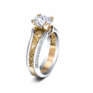 Moissanite Engagement Ring 14K Two Tone Gold Ring Moissanite Unique Vintage Engagement Ring