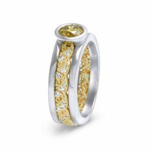 Yellow Diamond Engagement Ring Modern Two Tone Gold Filigree Ring 1/2 Carat Bezel Yellow Diamond Ring