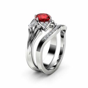 Modern Ruby Engagement Ring Set 14K White Gold Engagement Rings Leaf Ruby Ring with Matching Band