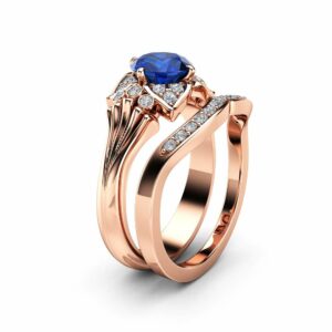 Modern Sapphire Engagement Ring Set 14K Rose Gold Engagement Rings Leaf Sapphire Ring with Matching Band