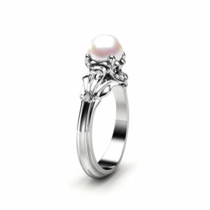 Pearl Engagement Ring White Gold Ring Leaf Engagement Ring Gold Pearl Ring