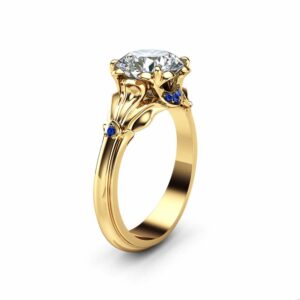 Moissanite Petal Engagement Ring 14K Yellow Gold Petal Ring 2 Carat Moissanite Engagement Ring with Sapphires