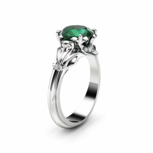 Emerald Petal Engagement Ring 14K White Gold Petal Ring 2 Carat Natural Emerald Engagement Ring