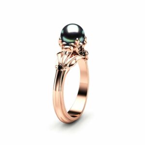Black Pearl Engagement Ring Rose Gold Ring Leaf Engagement Ring Gold Pearl Ring