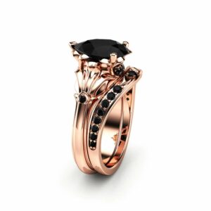Pear Black Diamond Engagement Ring Set 14K Rose Gold Petal Rings Pear Cut Ring with Matching Diamond Band