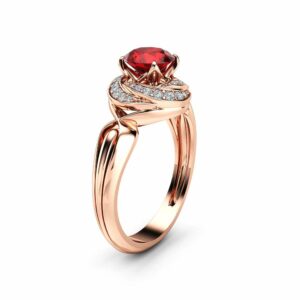 Halo Natural Ruby Engagement Ring 14K Rose Gold Ring Unique Spiral Halo Engagement Ring