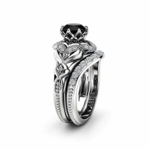 Black Diamond Engagement Matching Rings Art Deco White Gold Ring Set Natural Black Diamond Engagement Ring