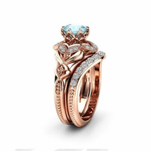 Aquamarine Engagement Matching Rings Art Deco Rose Gold Ring Set Aquamarine Diamonds Engagement Ring