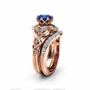 Sapphire Engagement Matching Rings Art Deco Rose Gold Ring Set September Birthstone Ring