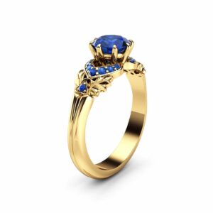 1CT Natural Sapphire Engagement Ring 14K Yellow Gold Blue Sapphire Ring Leaf Engagement Ring