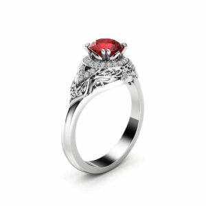 Ruby Halo Engagement Ring 14K White Gold Art Deco Ruby Ring With Natural Diamonds