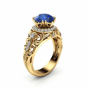 Sapphire Halo Engagement Ring 14K Yellow Gold Art Deco Ring Blue Sapphire Wedding Ring