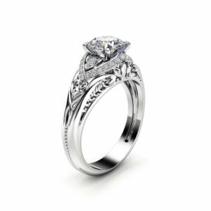 Unique Art Deco Moissanite Engagement Ring 14K White Gold Ring Diamond Alternative Engagement Ring