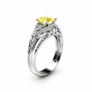 Art Deco Yellow Diamond Engagement Ring 14K White Gold Ring Color Enhanced Natural Diamond Ring