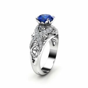 White Gold Sapphire Filigree Engagement Ring 14K White Gold Unique Engagement Ring