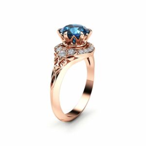 Modern Blue Diamond Engagement Ring Unique 14K Rose Gold Halo Modern Ring